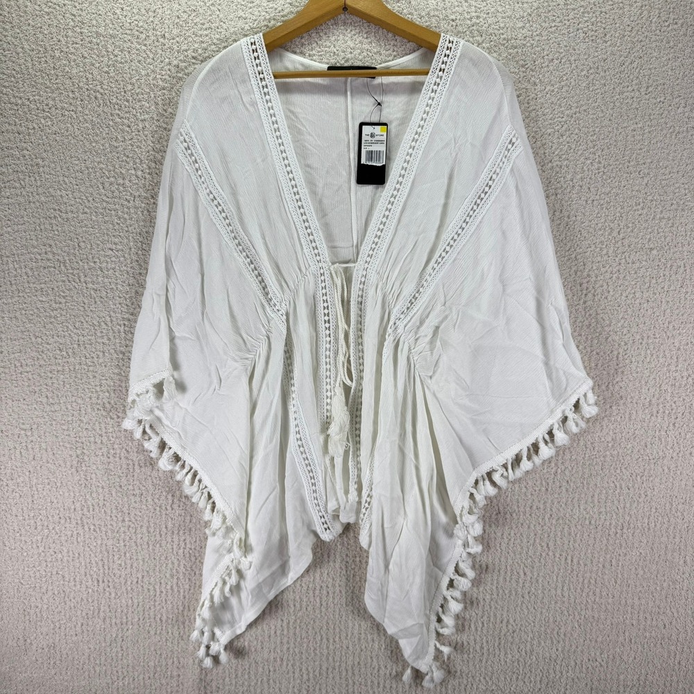 Coco Cabana Resort Pool Cover Up‎ Tassel Trim Open Front White Size L